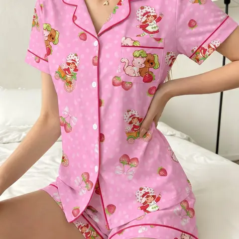 Women's Pajama Set, Strawberry Shortcake Pattern, Comfortable Nightwear, Soft Fabric, Casual Loose-Fitting, Daily Wear