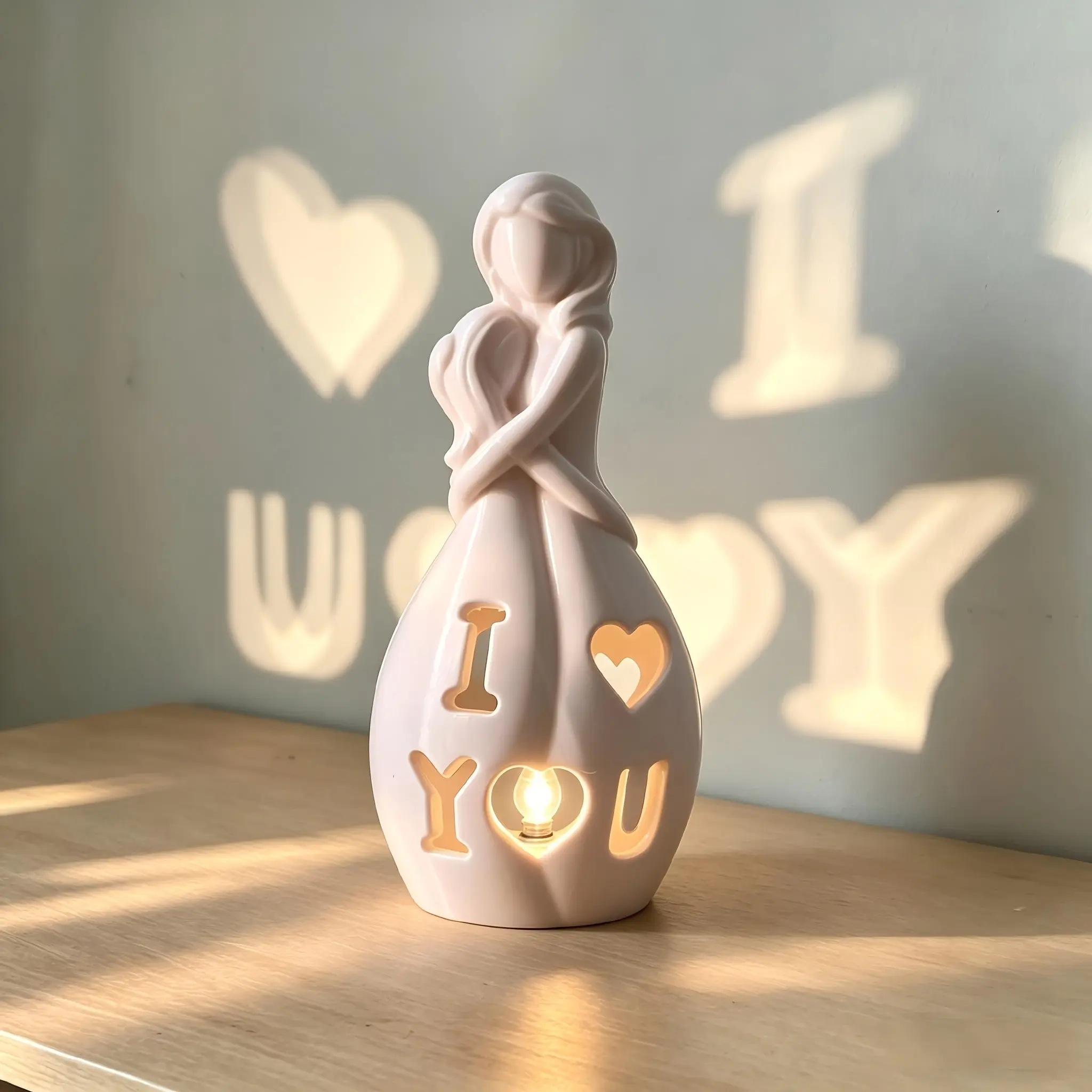 Mother-Daughter Hug Projection Night Light, Soft Creamy Style Plastic Sculpture, Hollow Heart Letter Wall Shadow Projector, Bedroom Bedside Decor