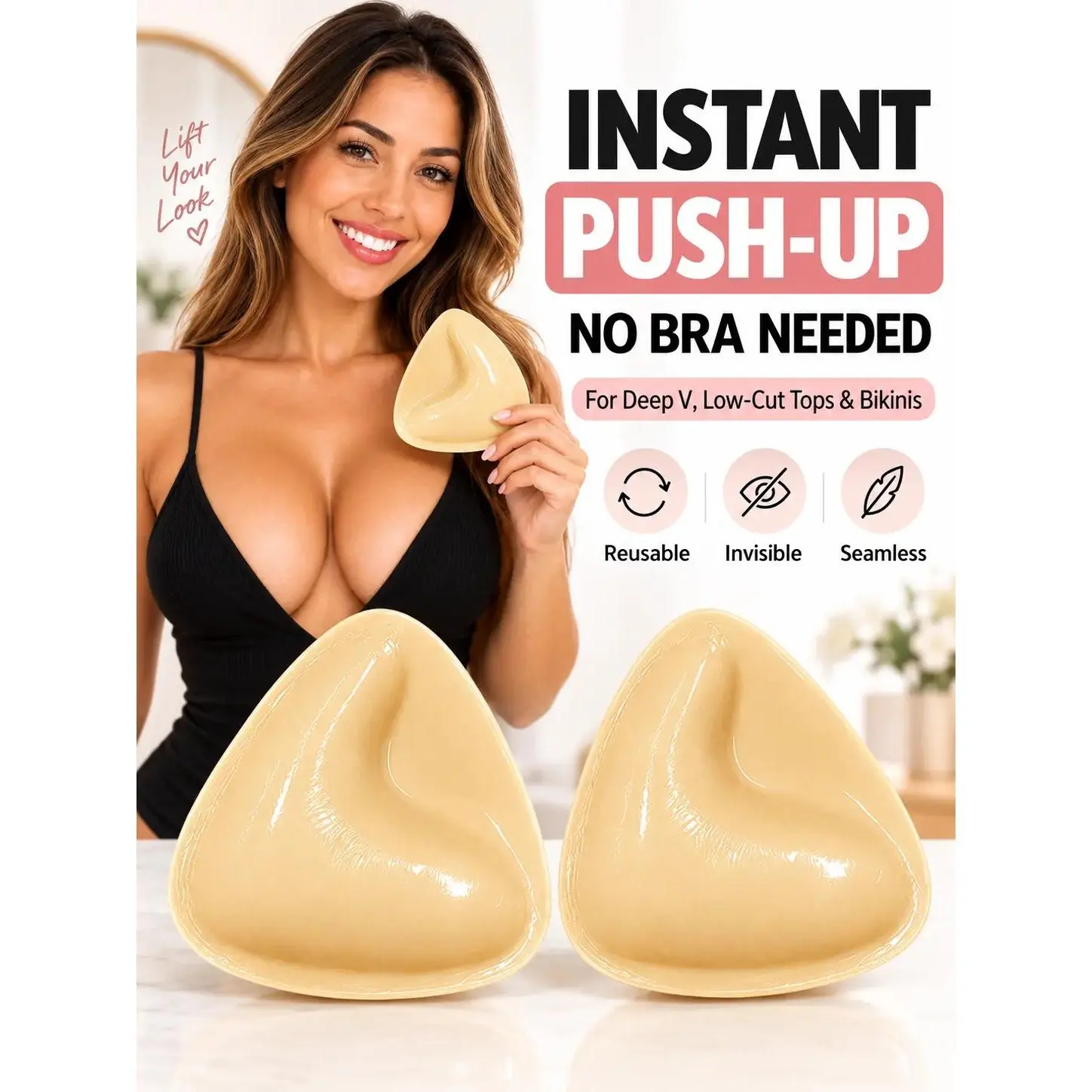 Sticky Push Up Bra Inserts for Women, Double-Sided Adhesesive Ultra Boost Pads, Invisible Sticky Bra Cups Lift Inserts for Bikini, Swimsuit, Sports Bra & Strapless Dresses