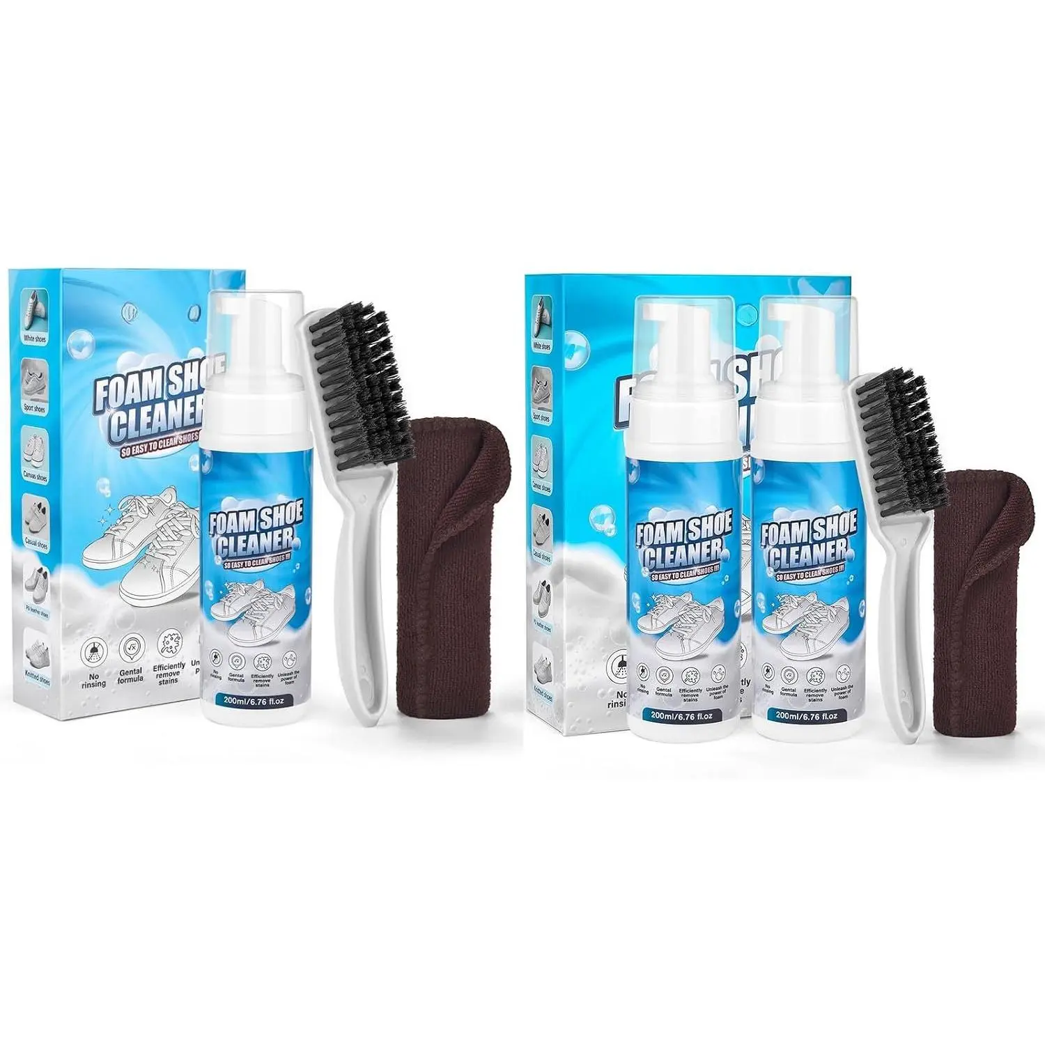 Quick Clean Shoe Cleaner Kit - 3 x 6.76oz Sneaker Cleaners, Brushes & Towels Included, Suitable for Leather, Suede, Canvas, PU, Fabric Shoes & Boots
