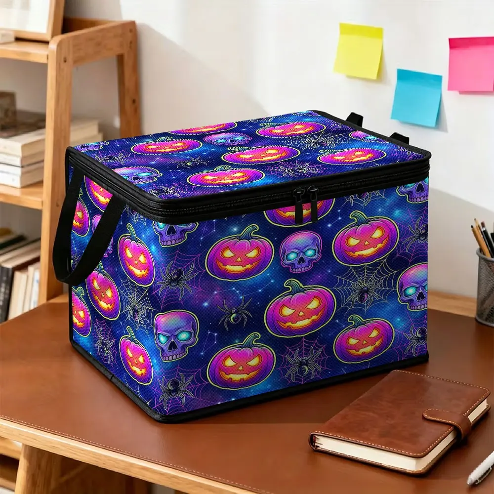 Thickened Non-woven Storage Bin with Colorful Neon Halloween Pumpkin Head, Skull and Spider Prints, Foldable Dustproof Fabric Organizer Box with Handles and Double Zippers, Large-Capacity Foldable Non-woven Storage Container for Clothes, Dolls and Sundrie