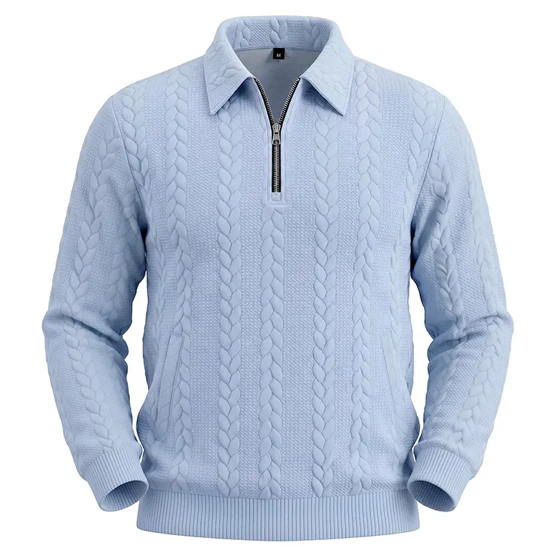 Men’s Heavyweight Textured Jacquard Half Zip Polo Sweatshirt, Solid Color Long Sleeve Pullover Top with Collar, Relaxed Fit Casual Streetwear Shirt for Fall Winter Daily Wear, Travel, Outdoor Activities and Weekend Fashion