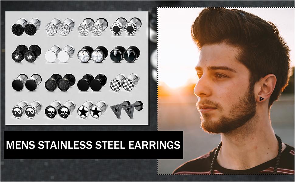 FIBO STEEL 9/16 Pairs Stainless Steel Stud Earrings for Men Women Fake Gauge Earrings Cheater Faux Gauges Ear Tunnel 8mm 18G 6.5mm Durable Comfortable SpringStatements