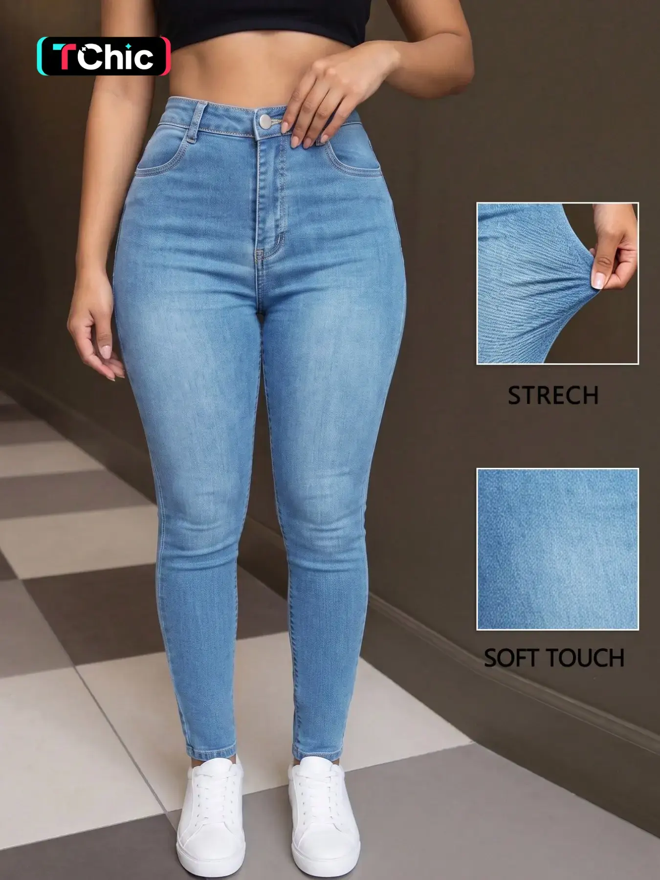 Women's High-Waisted Tight Jeans, Casual Comfort Stretch Conical Jeans, Y2K Washed Blue Button Fly, Street Style Bottoms, Skinnies Jeans