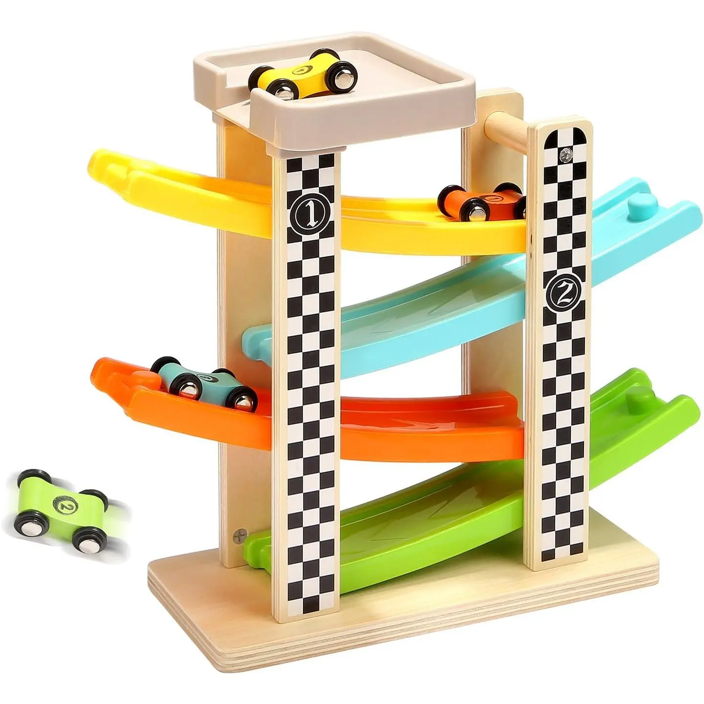 Wooden Race Track Car Ramp Racer Stacking Game for 1-2 Year Old Unisex Toddlers, Toys with 4 Mini Cars Kids, Sports-Inspired All Seasons Light Up Gift, Continuous Motion