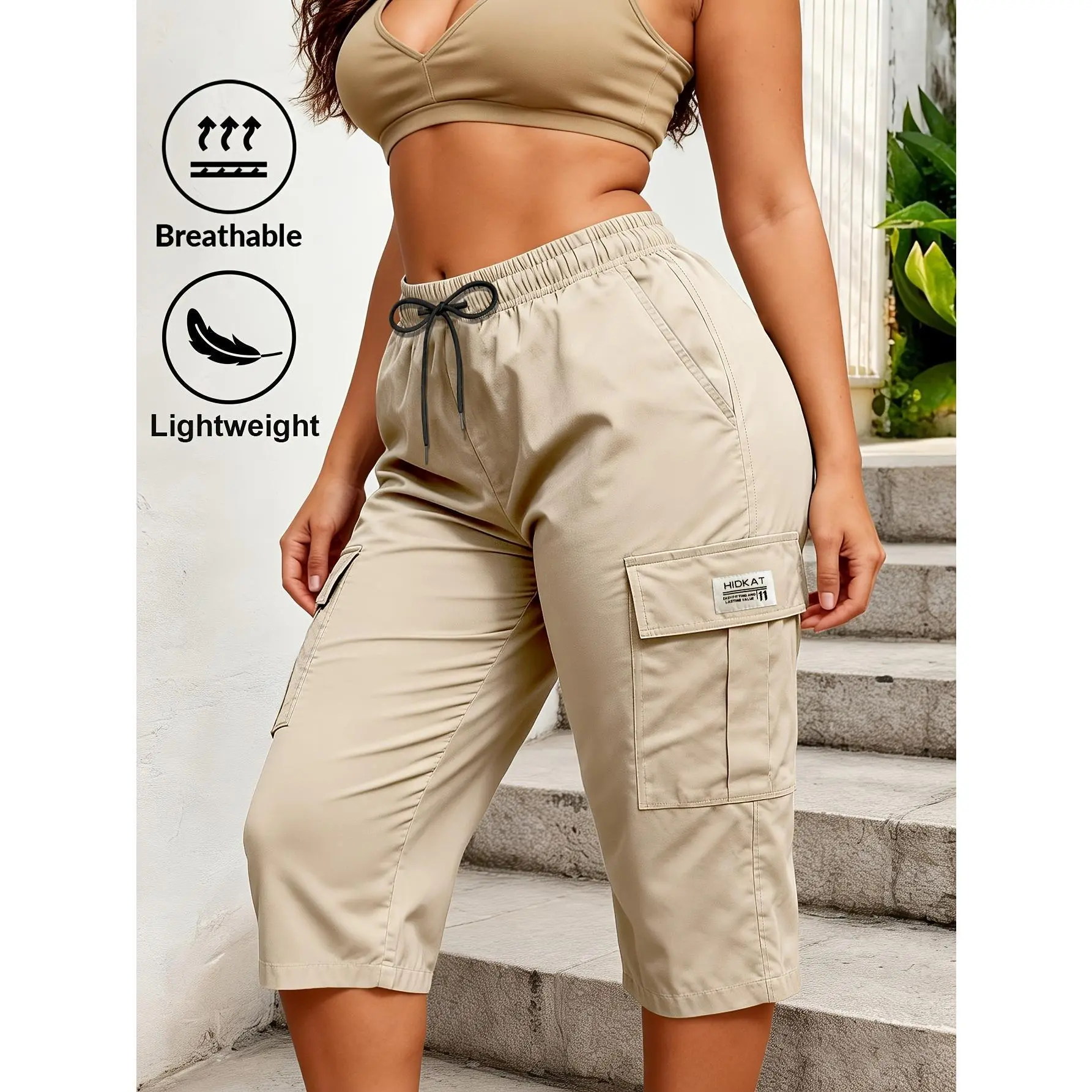 Females' Loose Solid-Tone Athletic Capri Pants - Elasticated Drawstring Waist, Flap Pockets, Multi-Purpose Casual Bottoms for Daily Attire, Outdoor Streetwear, Capri Length, Outdoor Wear, Universal Sport