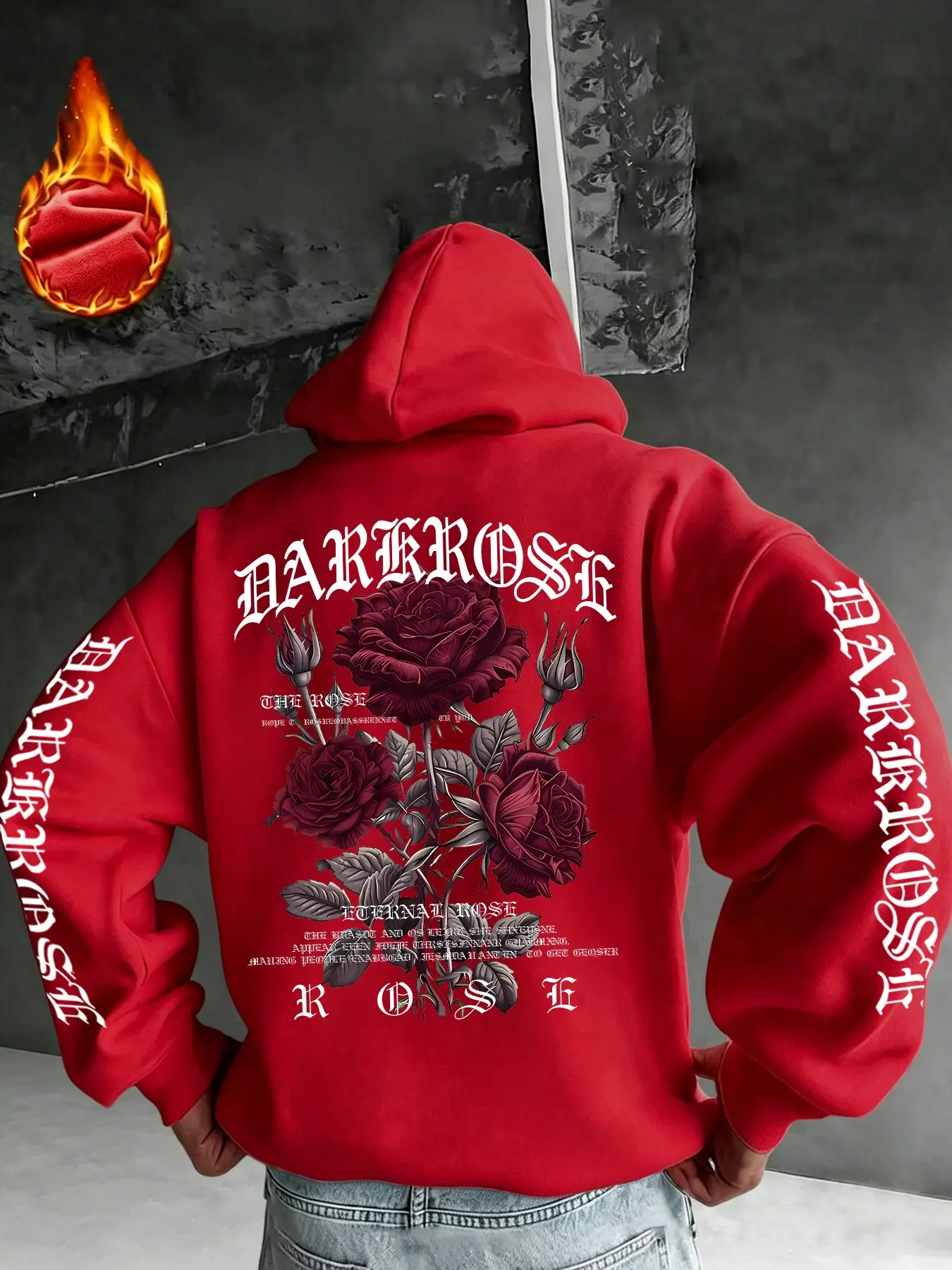 Men's Fall Winter Hooded Warm Comfortable Sweatshirt, American Vintage Dark Style Rose Illustration Drop Shoulder Hoodie, Casual Home Heavyweight Sweatshirt