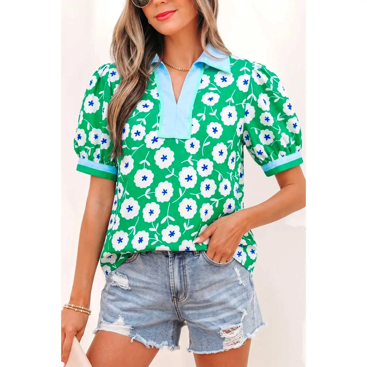 Green Flower Printed Contrast Patchwork Collar Short Sleeve Blouse