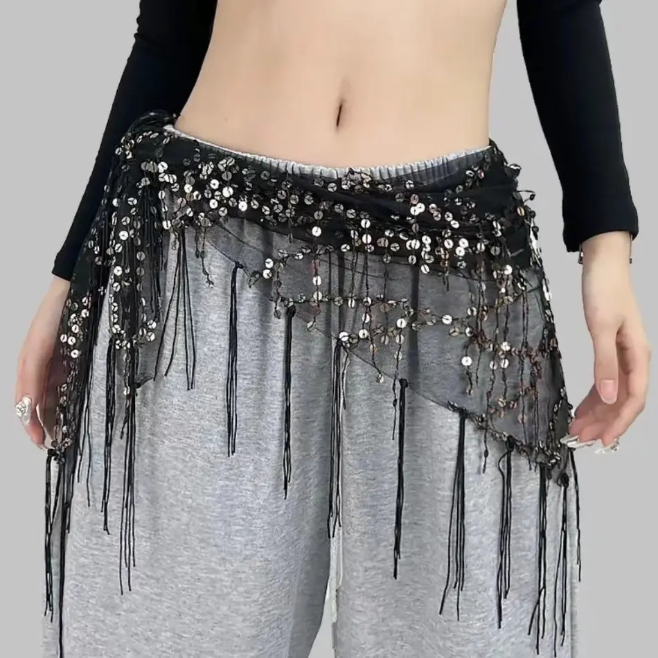 Sequin Fringe Triangle Hip Scarf Belt, Boho Waist Wrap Chain for Jazz & Hip Hop Dance, Versatile Fringed Waistband Accessory, Sparkly Costume Decor for Stage Performance, Party Outfit & Street Hip-hop Styling