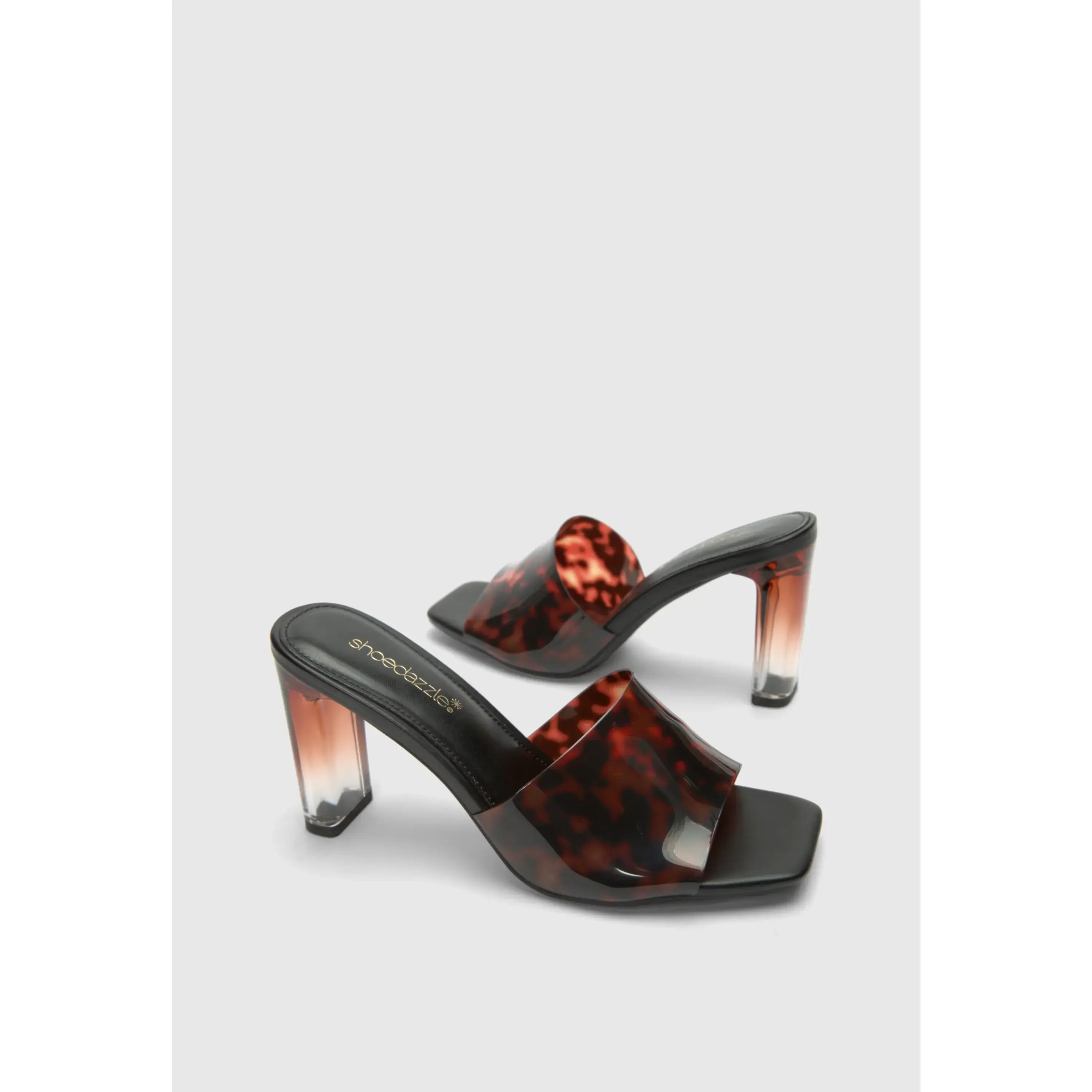 Women's Heels, Classy Tortoise Shell Print PVC Mules with a Square Toe and 3.5" Ombre Transparent Block Heel, Classy Heels