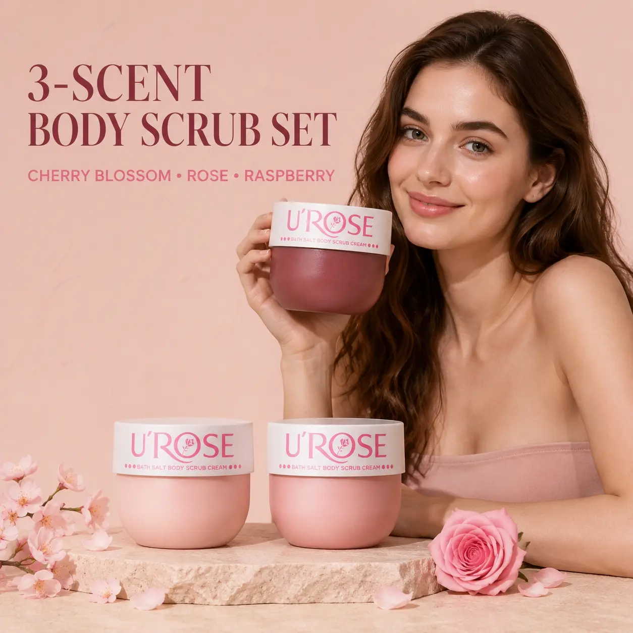 U'ROSE Bath Salt Body Scrub Cream Set, 3 x 300g Cherry Blossom, Rose & Raspberry Body Scrubs with Sea Salt, Niacinamide and Sodium Hyaluronate, Gentle Exfoliating Rinse-Off Body Care, 3-Piece Combo, Cosmetic