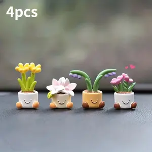4Pcs Potted Mini Flower Ornaments For Automobile Dashboard, Multipurpose Interior Car Decorations, Premium Texture Desktop Vehicle Trinkets To Beautify In-Car Interior Space