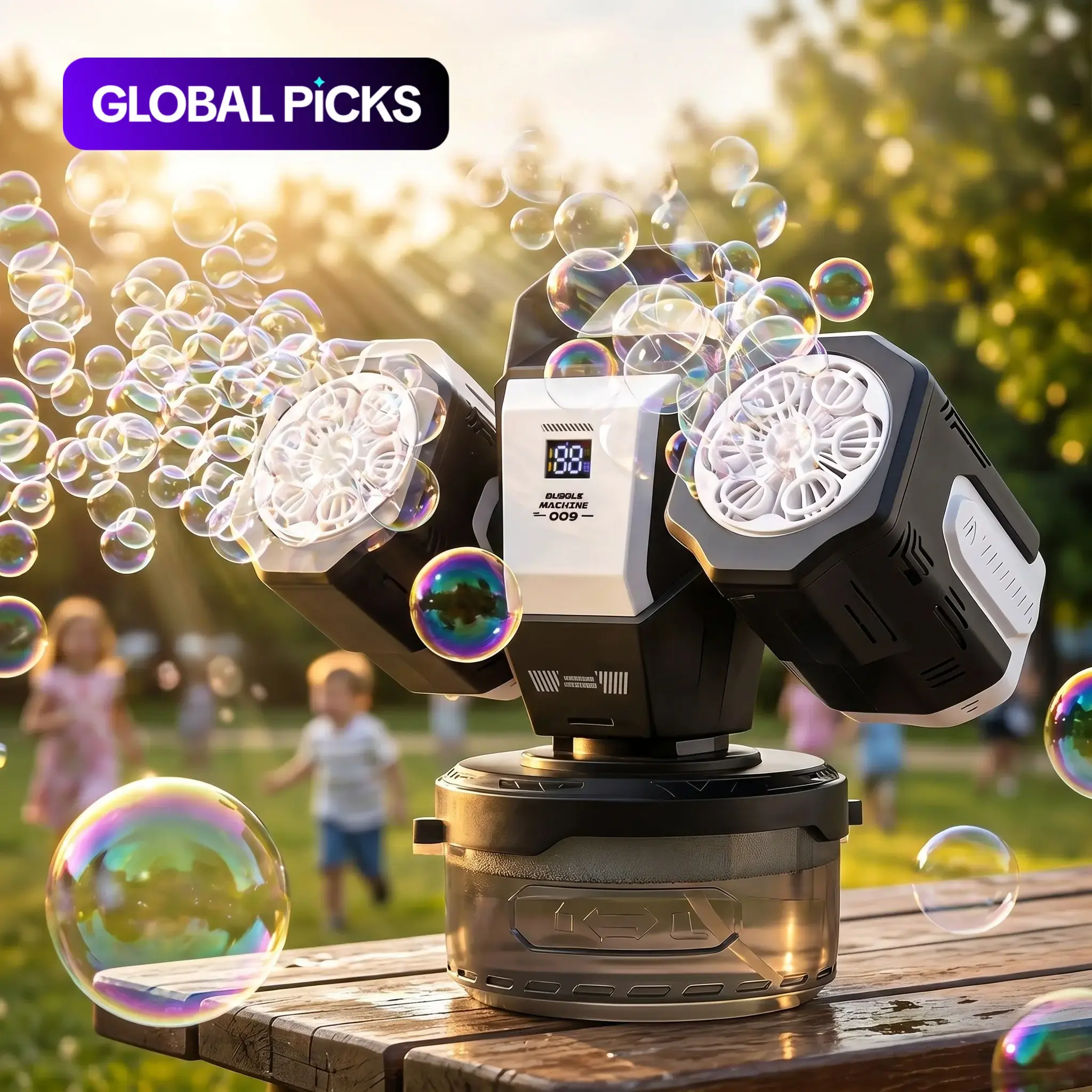 Dual Head Rechargeable Party Automatic Bubble Machine for Ages 3+, RGB Color Lights Remote Control, 360° Rotating Fast Bubbles, Includes 50ML Concentrated Liquid, Multifunction Bubble Maker #GLOBAL PICKS