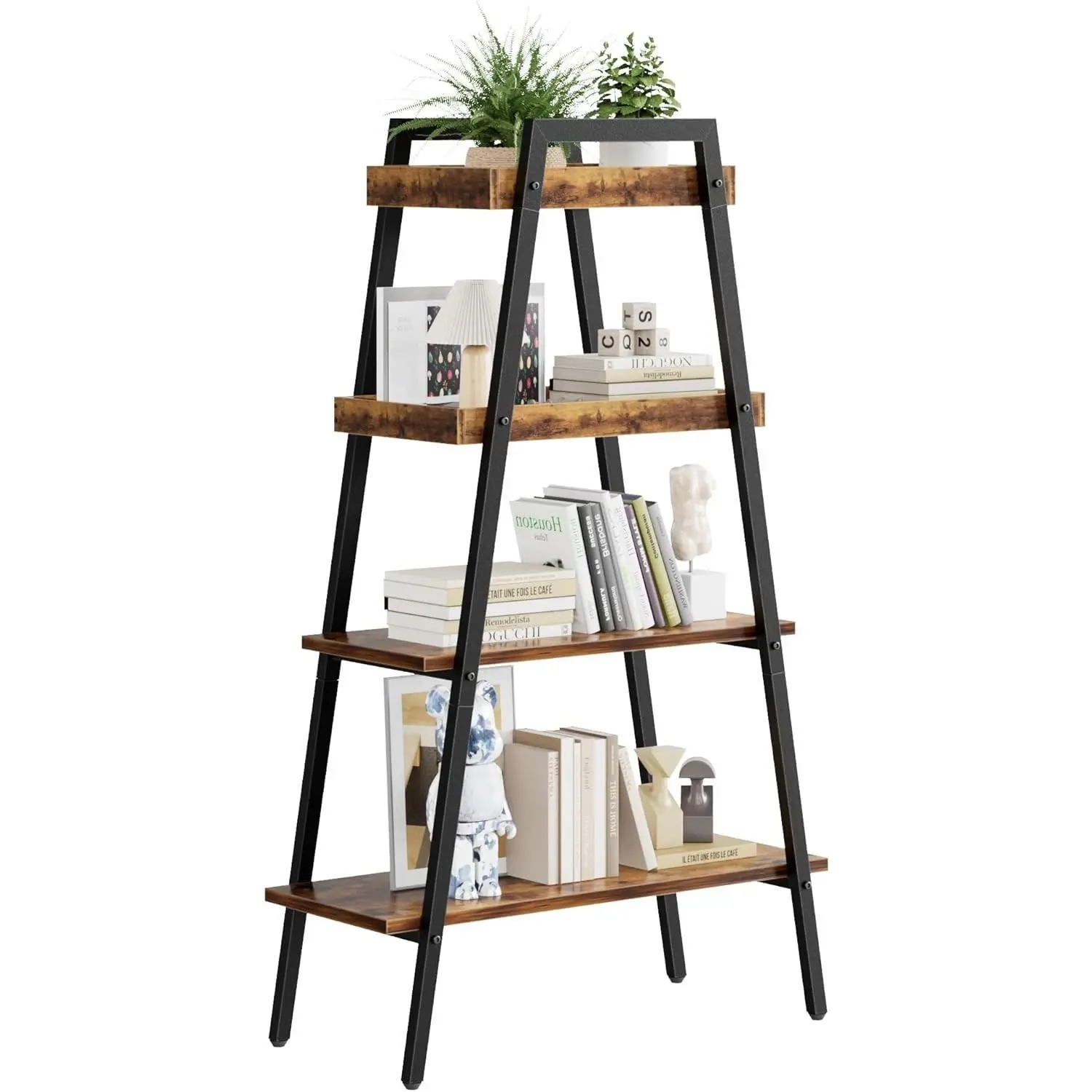 4-Tier Industrial Wooden Ladder Shelf with Enclosed Edges, Metal Decorative Organiser Freestanding Bookcase for Living Room, Brown