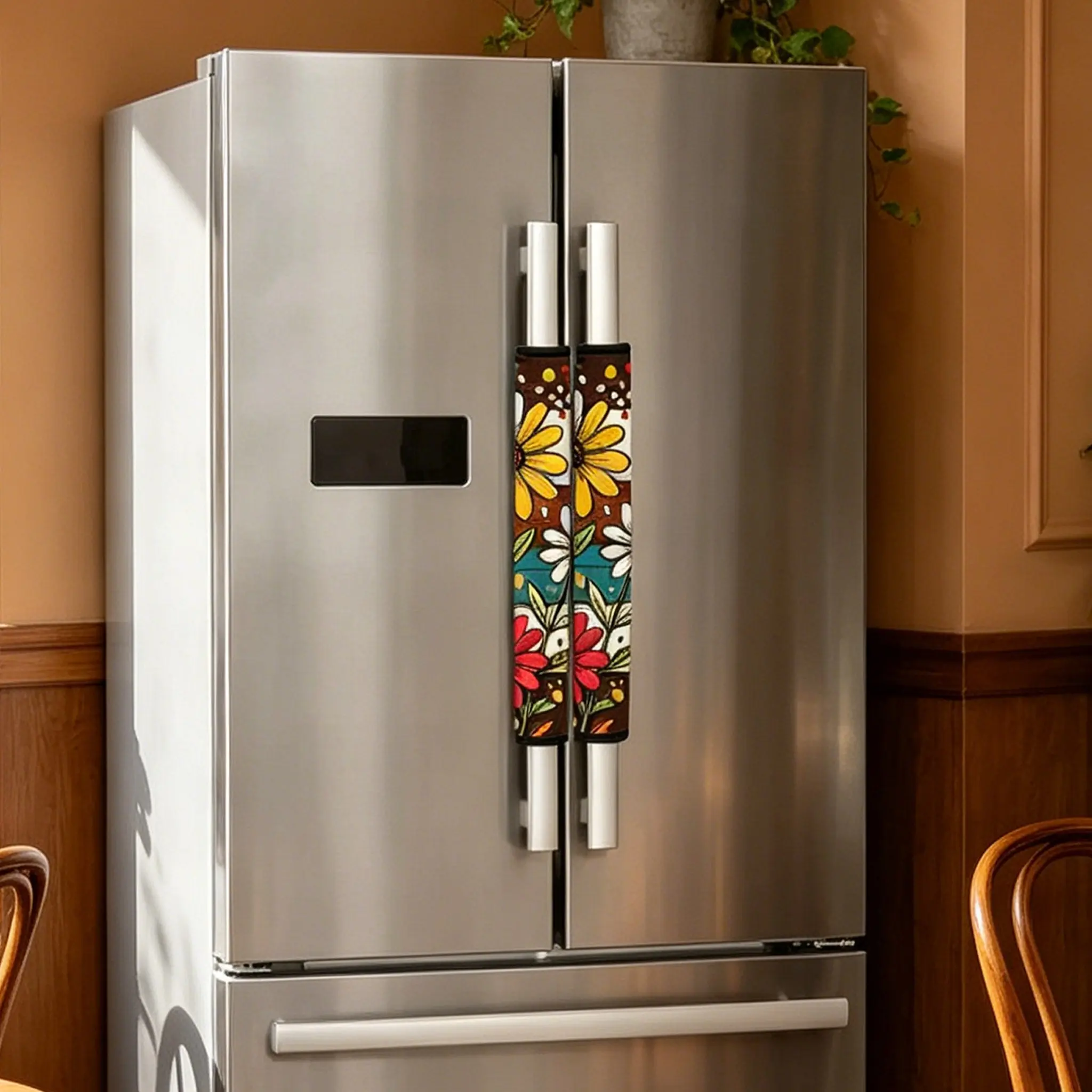 2pcs Vintage Bohemian Floral Microwave & Refrigerator Handle Covers, Suitable for Fridge, Microwave, Oven, Dishwasher, Decorative Cover