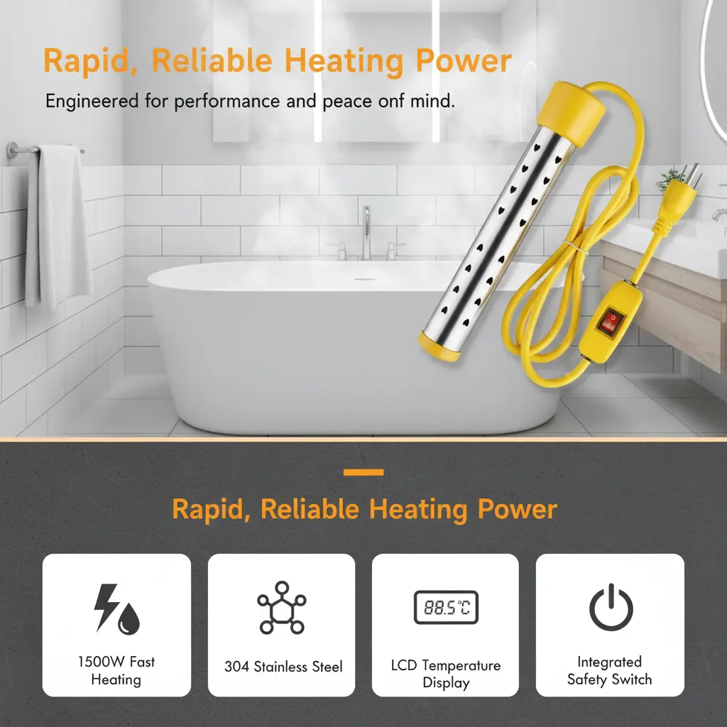 Portable Immersion Water Heater with Switch & LCD Display, Fast Heating for Bathtubs, Pools & Camping Trips