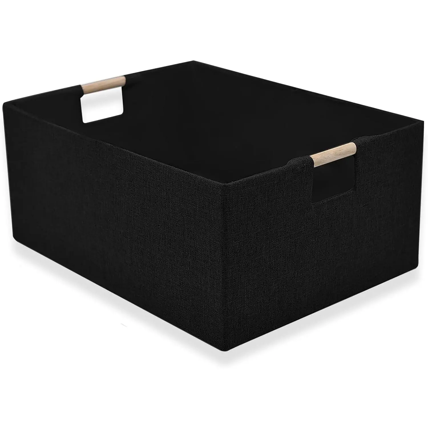 Collapsible Fabric Storage Basket with Handles - Rectangle Shelf Organizer, Linen Box for Clothes Sorting, Wooden-Inspired Home Decor (Black, 1)