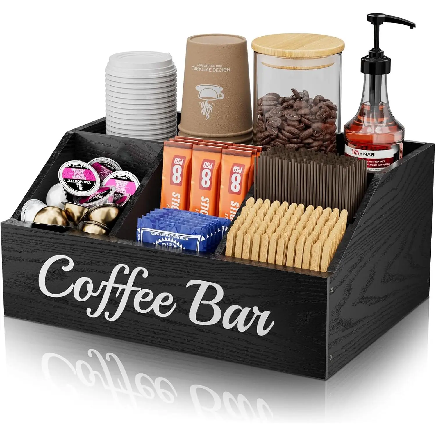 Coffee Station Organizer for Countertop – Wooden Coffee Bar Organizer with Adjustable Dividers,Holds K Cup Pod & syrup bottles, for Kitchen, Office, or Bar and  Station, Black