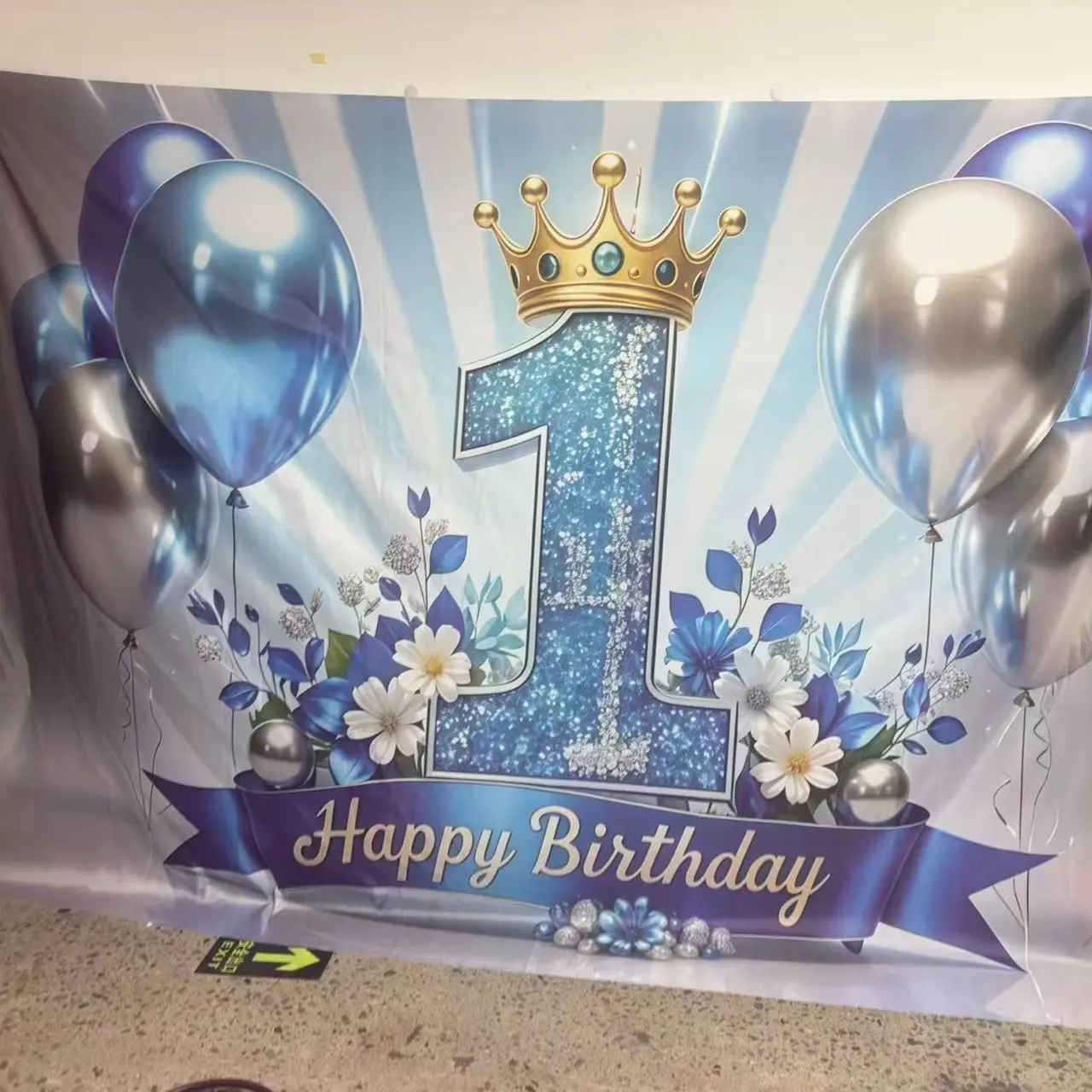 Glittering number 1 blue and silver birthday backdrop banner, crown balloons and flowers, birthday party decoration, suitable for living room, bedroom, office, birthday, anniversary and home décor, outdoor and indoor parties, photography backdrop