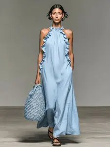2026 New Vacation Style Dress, Leaf Edge Halter Neck Sleeveless Midi Dress, Loose Fit Slimming Simple Elegant Aesthetic Waist Cinch Long Dress Gown, Suitable for Commute Outing Party