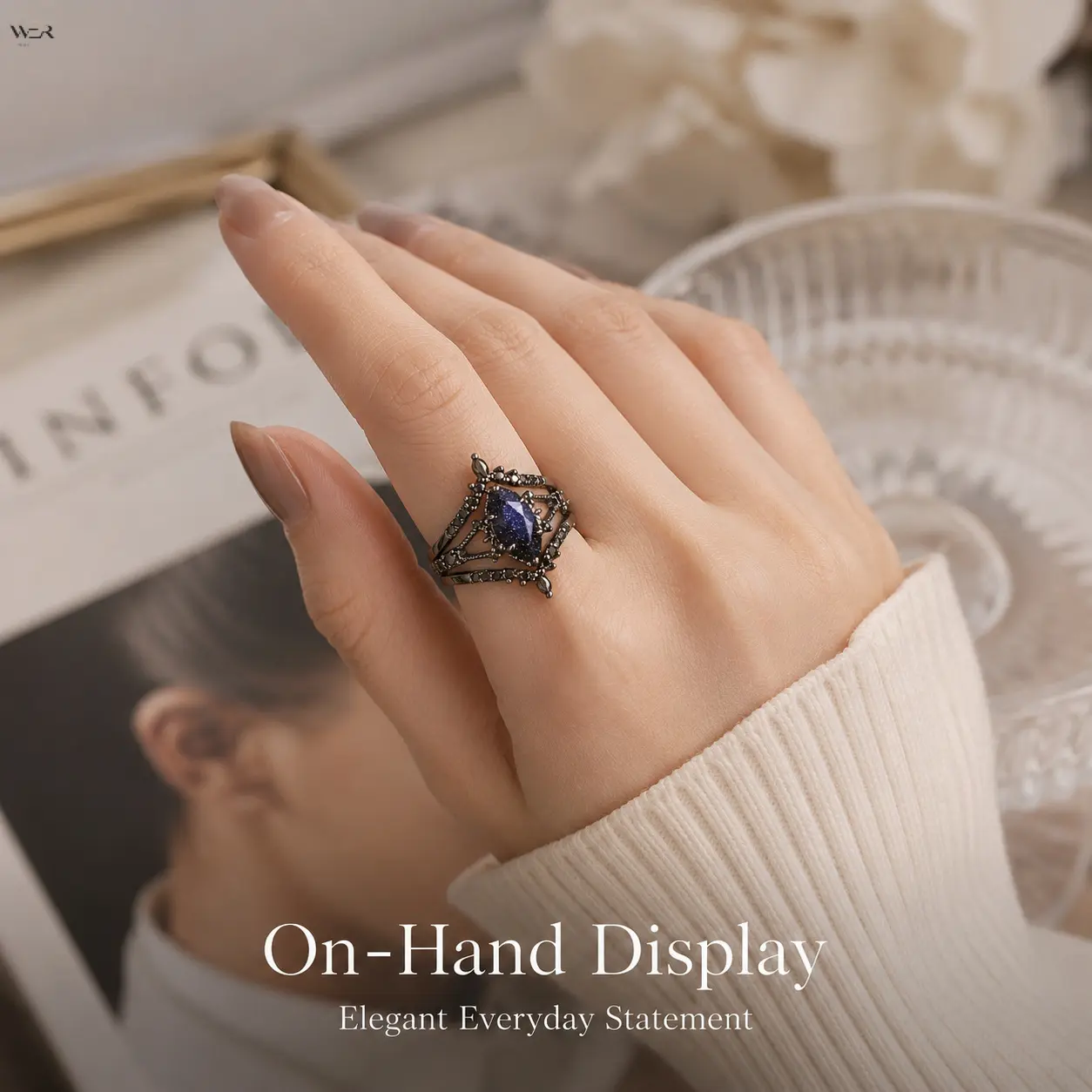 Women's Filigree Statement Ring - Black Gunmetal Band, Marquise-Cut Blue Stone Vintage Gothic Jewelry, Crystal/Goth/Antique Rings with Bling Effect & Mystical Charm, Party Gift