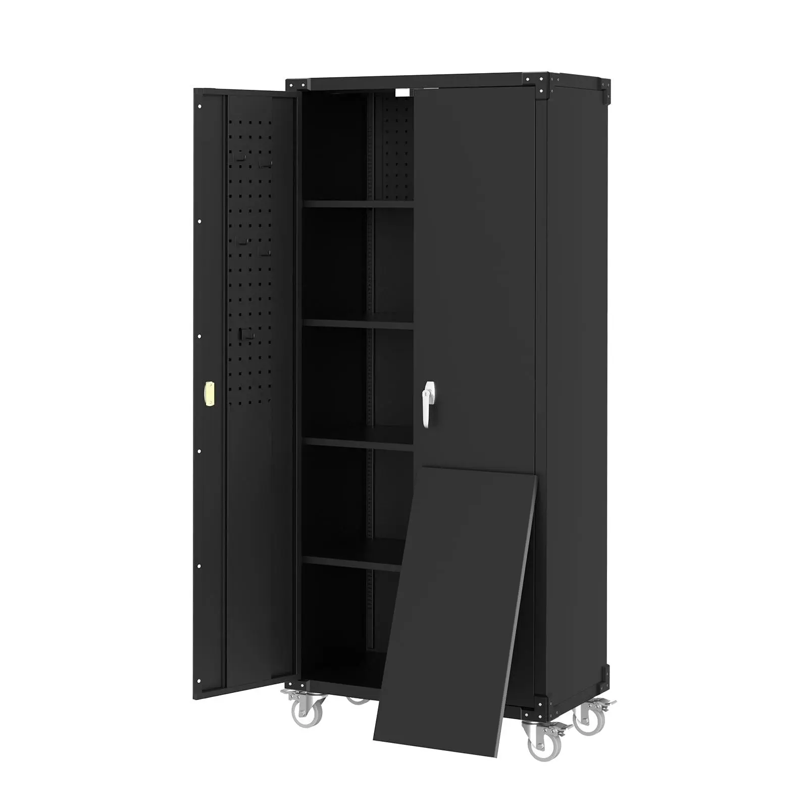 72-Inch Black Rolling Metal Garage Storage Cabinet with Wheels and Pegboard, Lockable 2-Door Tool Cabinet with 4 Adjustable Shelves, Mobile Organizer for Garage, Workshop & Home Office