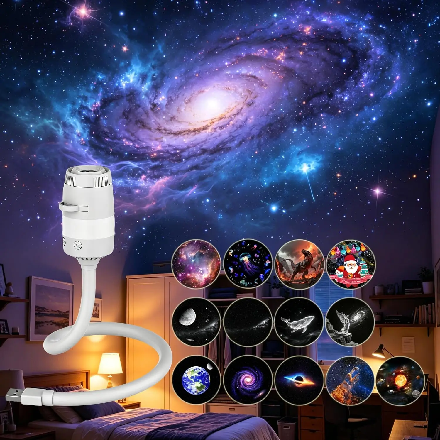 2-in-1 Compact Galaxy Light Projector, USB-Powered Portable Night Light with 360° Rotation, Ceiling & Wall Projection for Bedroom Relaxation, Festive Kids' Gift