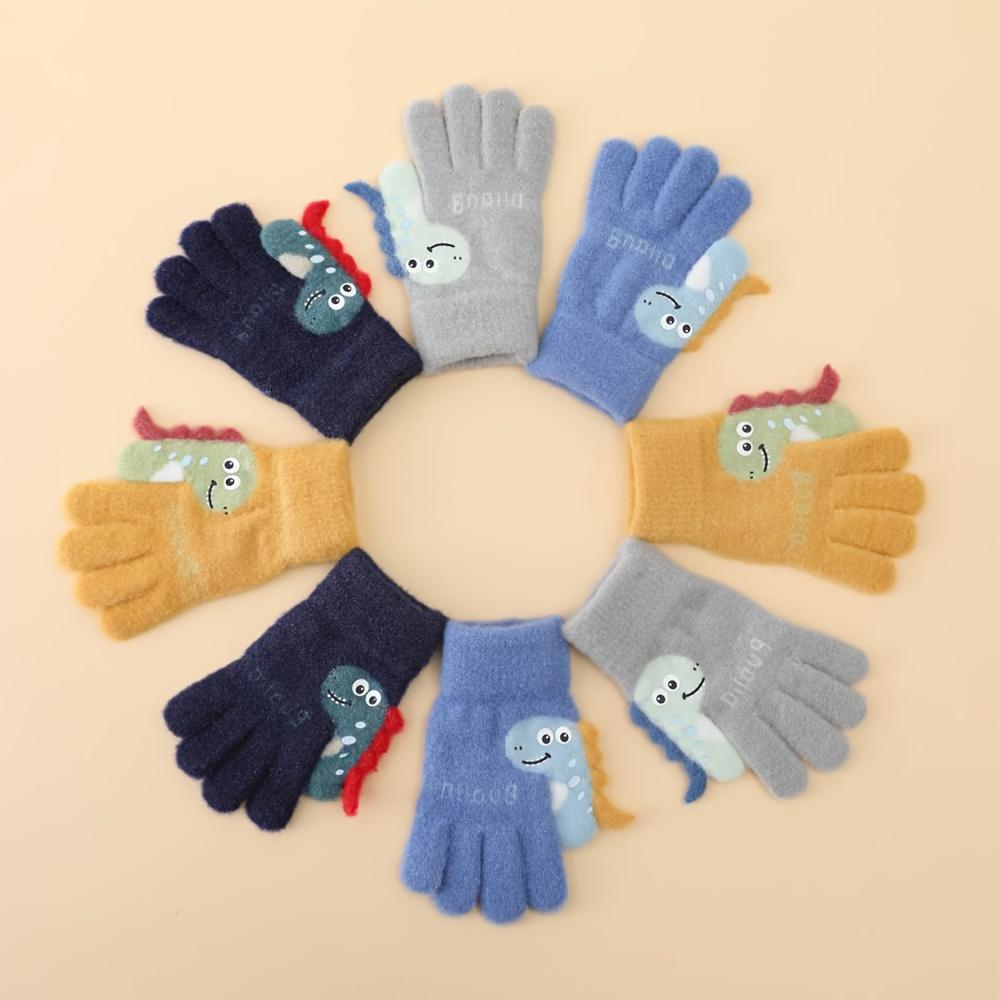1 Pair of Youngsters's Gloves, Autumn and Winter Warm Plush Five-Finger Cute Cartoon Dinosaur Knitted Mittens for Boys & Girls, 3-7 Years Old