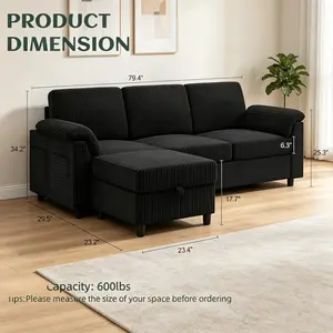 3-Seat L-Shaped Convertible Sectional Sofa, Soft Corduroy Small Couch with Removable Pillows & Movable Ottoman, Mid-Century Modern Minimalist Furniture for Living Room, Apartment & Office