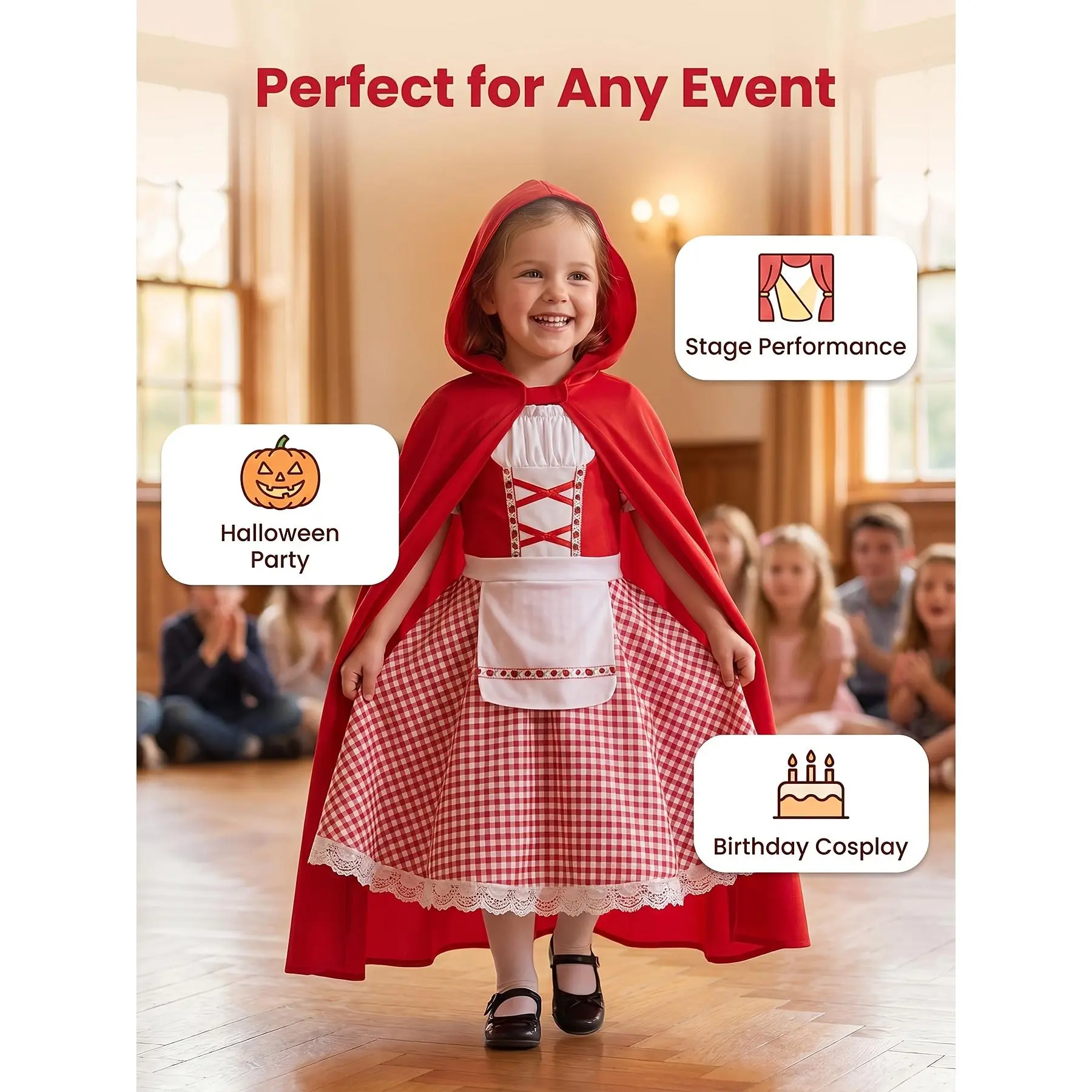 Little Red Riding Hood Dress Costume Set for Girls, Elegant Lace Outfit, Halloween Cosplay, Back to School, Theme Dress-Up Party, Stage Show Performance Tale Outfit for Kids