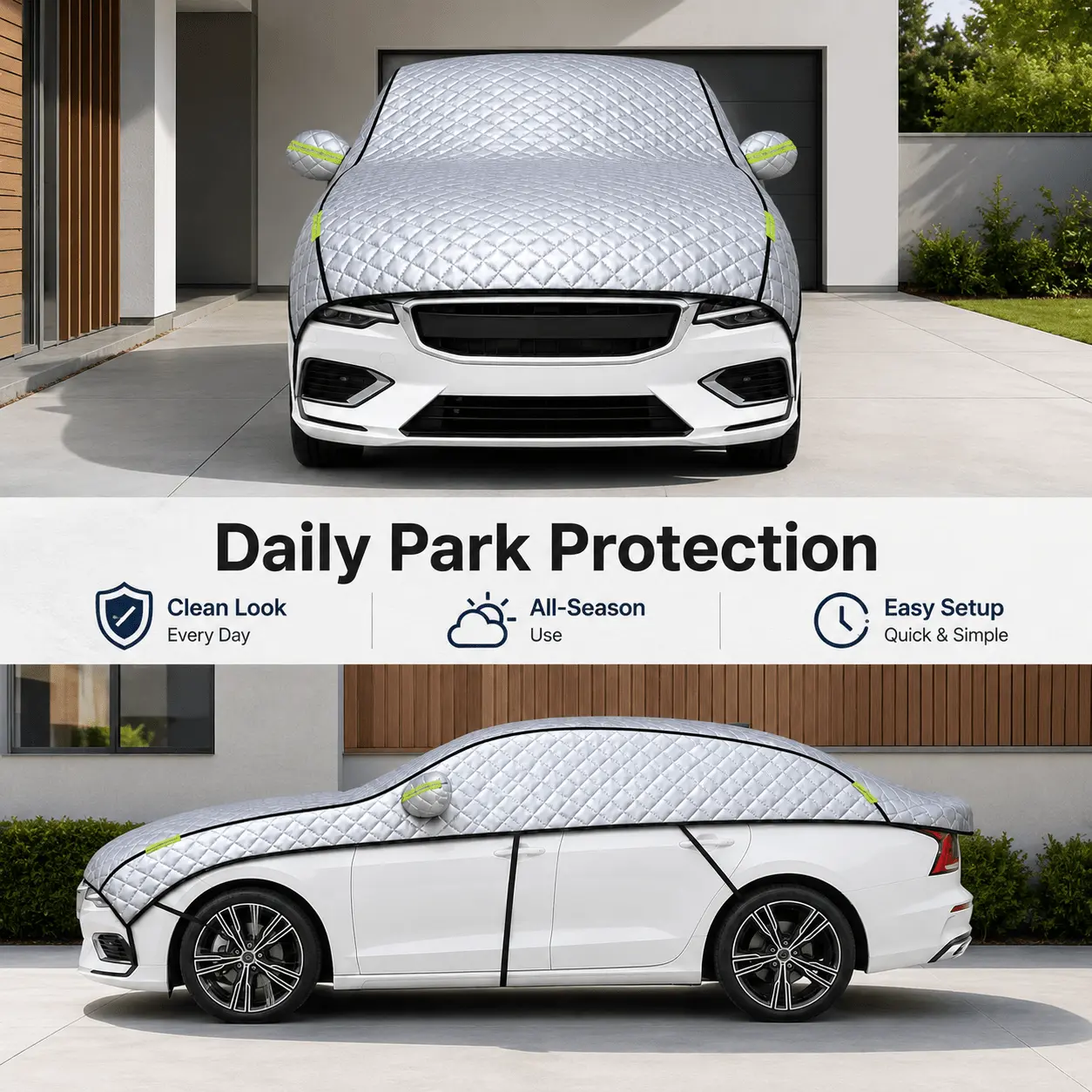 All-Season Half Car Cover with Quick-Attach Fasteners, UV-Resistant Outer Layer & Gentle Interior Fabric, Protects Car Surfaces from Sun Exposure & Falling Debris, Ideal for Volvo XC40, Volvo XC60, Volvo C40, Volvo S60, Volvo V60