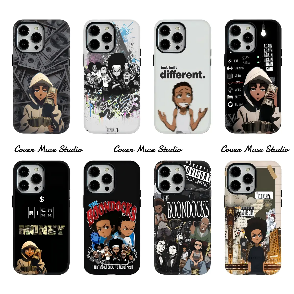 The Boondocks Huey Riley Hustle Streetwear Phone Case - Money Stack & Motivational Quote Hybrid Glossy Cover, Durable Anti-Scratch PC+TPU Protection for iPhone 17/16/15/14/13/12/11 Pro Max, Retro Cartoon Shockproof Wireless Accessories, Animated