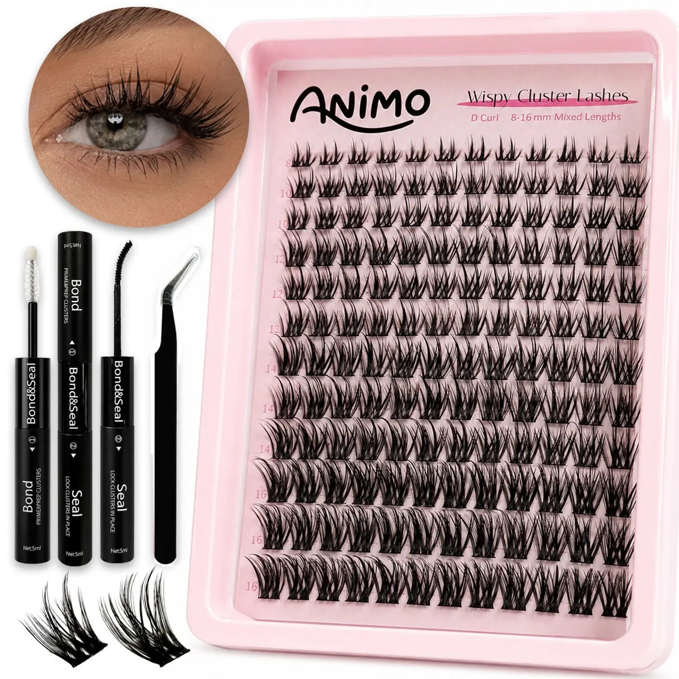 Animo Wispy Natural Lash Cluster Eyelash Extensions 8-16mm, 144 Clusters, False Eyelash Clusters, Soft Comfortable DIY Lashes with Thin Band, Individual Lash Clusters for Easy Application
