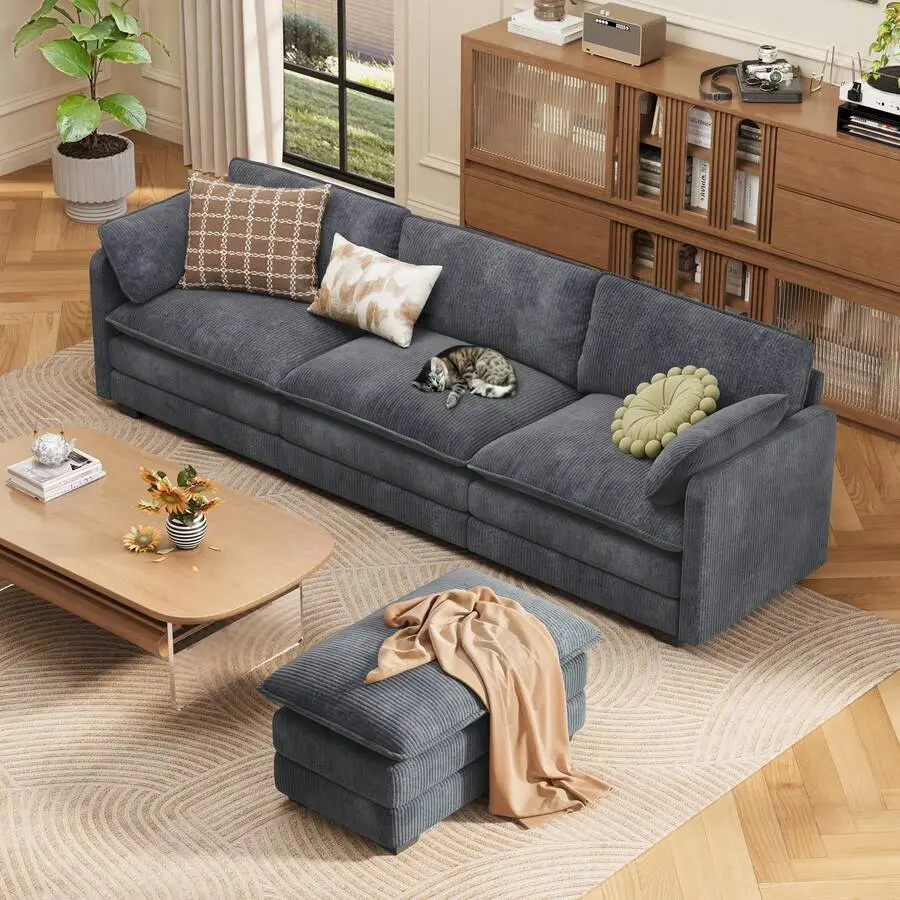 [2 Packages Shipping]3-Seater Living Room Sofa, Sectional Couch, Modular Combination Sofa With Double Layer Cushions And Ottoman, Comfy Cloud Deep Seat Couches Sofa With 2 Pillows, Armrest Pillows Living Room