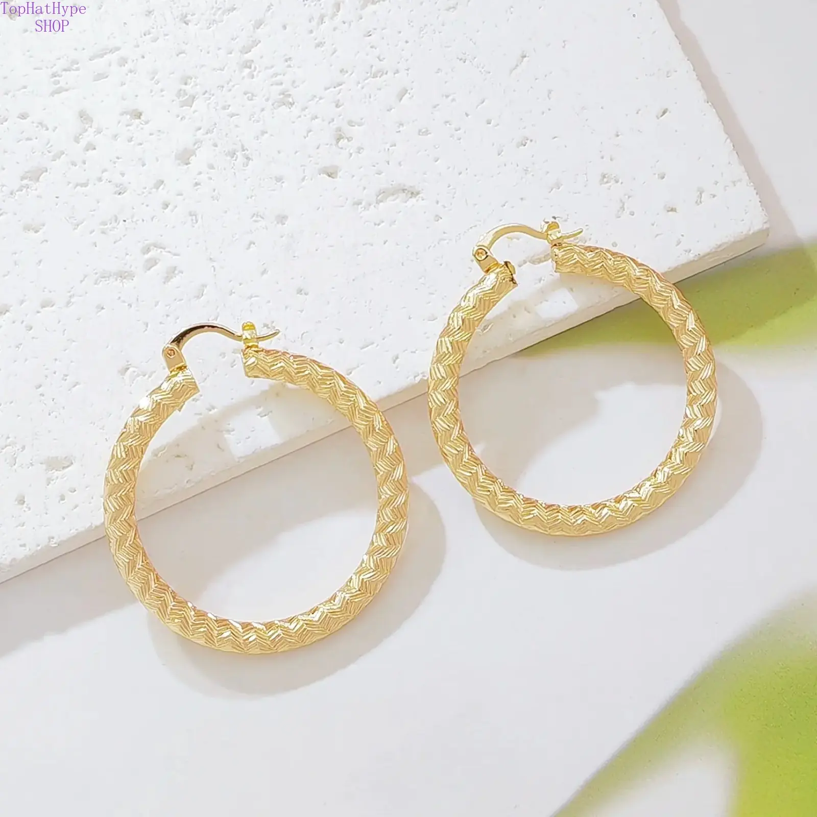 14K Gold Plated Textured Hoop Earrings for Women, Braided Pattern Lightweight Huggie Hoops, Chunky Gold Plated Hoop Earrings, Everyday Statement Jewelry Gift
