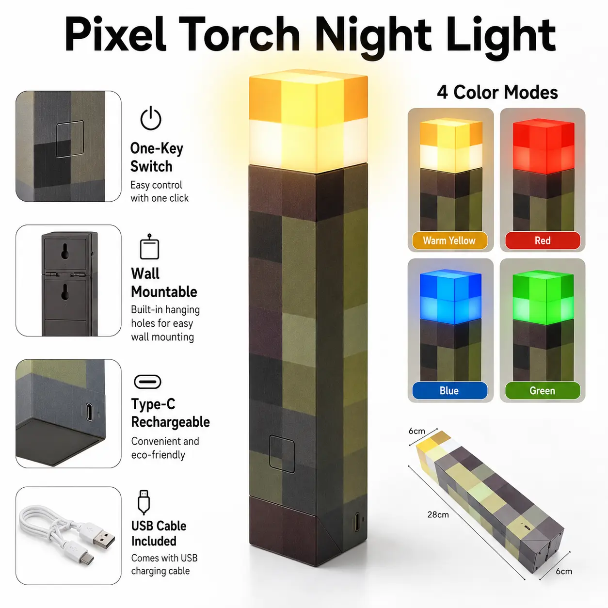 Pixel Brownstone Torch, Upgraded Light-Up Wall Torch, Rechargeable Wireless Wall Lights Set, Dimmable Wall Lamp, Cool Gift