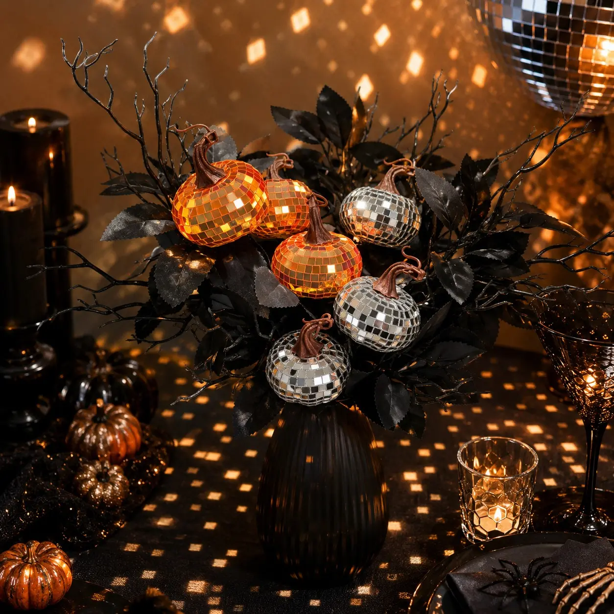 Halloween Disco Pumpkin Bouquet Set, Silver Mirror Pumpkins, Leaf Arrangement, Fall Party Table Decor, Centerpieces, 9-Piece Set, Festive Decoration