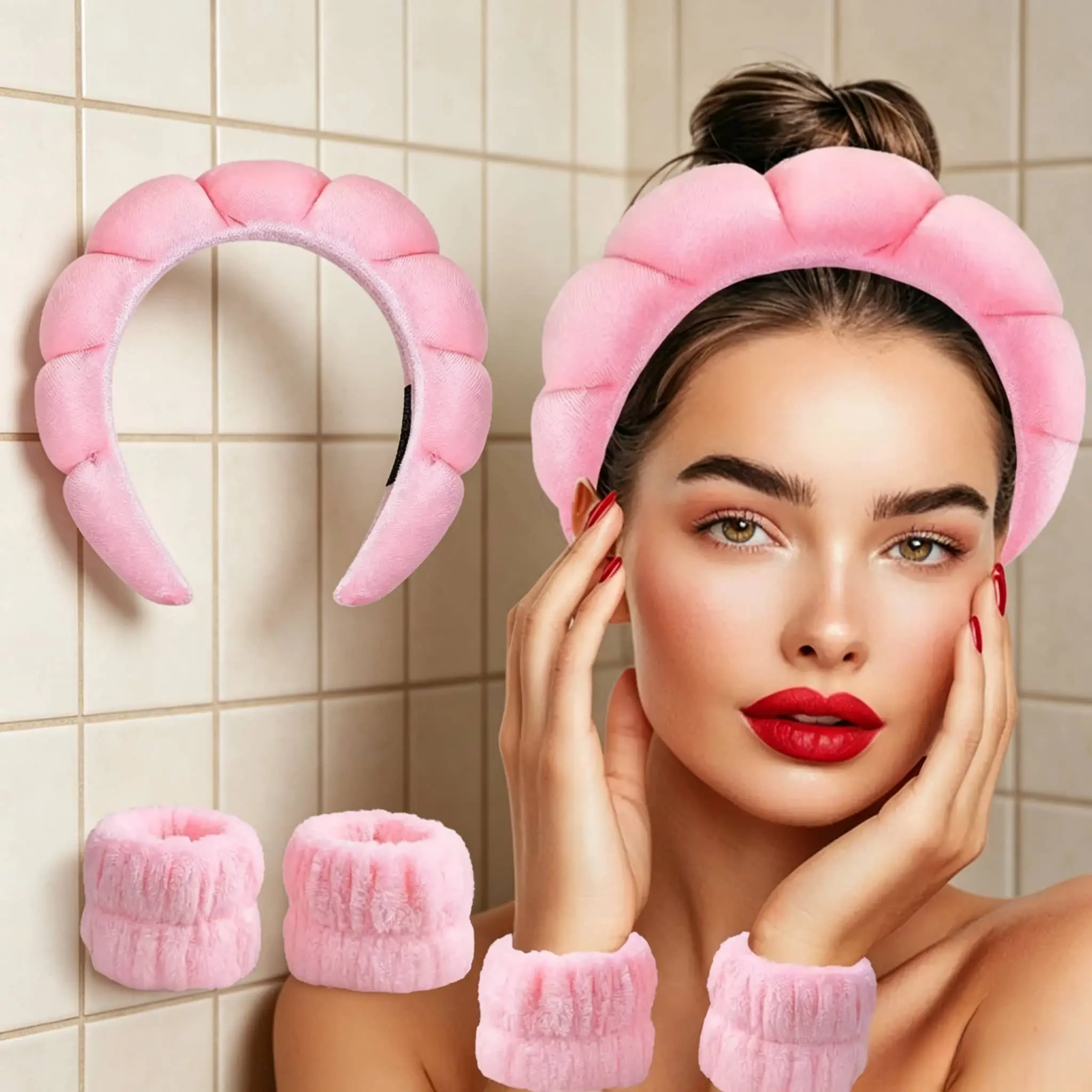Women's Practical 3-Piece Bubble Hair Accessory Set - Headband, 2 Face Wash Wristbands, for Daily Makeup Application, Skincare, Headbands, Makeup-Friendly Headbands