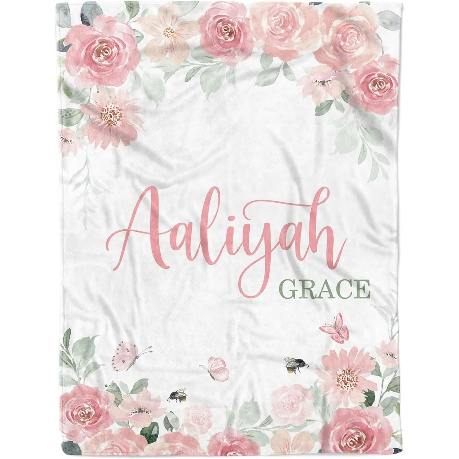 Floral Personalized Name Throw Blanket, Custom Pink Flower Blanket, Baby Shower Gift for New Parents, Soft Flannel Decorative Blanket