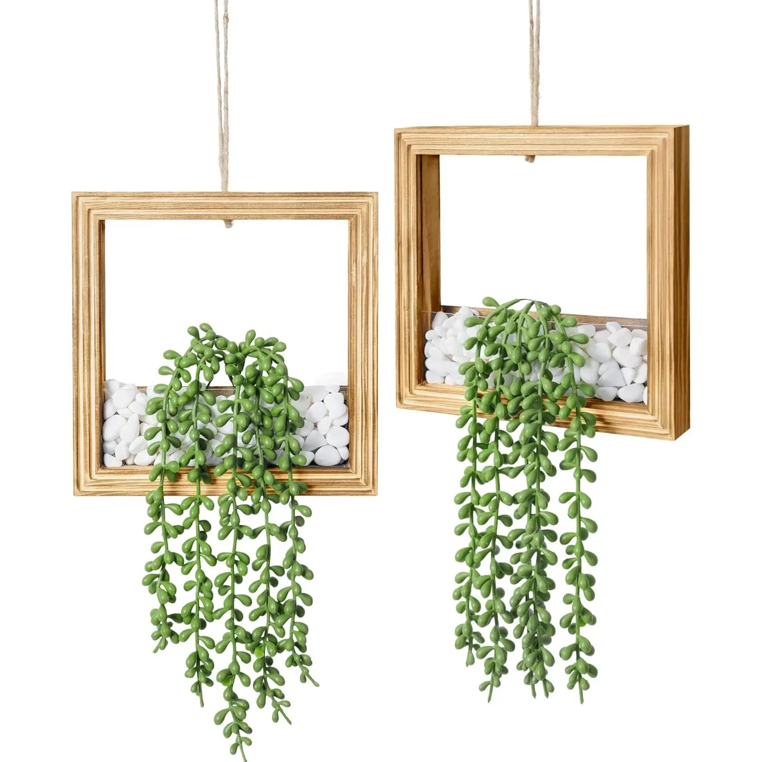 2-Pack Decorative Faux Succulent Artificial Plants - Hanging Burnt Wood Square Frame with LED Lights, Plant Decor for Office, Living Room, Indoor Outdoor Home Wall Decor