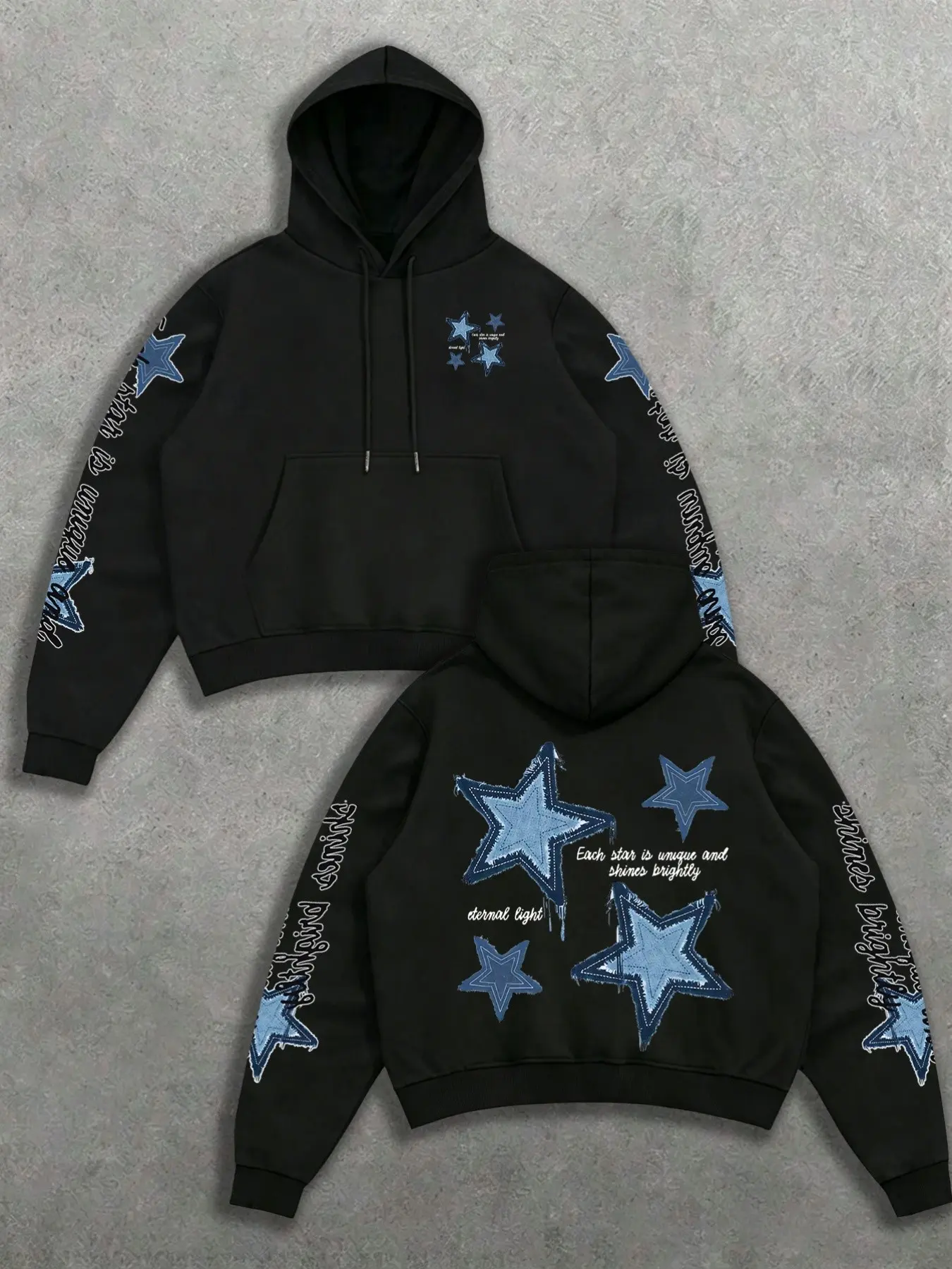 Vintage Cyber Y2K Star Patchwork Hoodie, Aesthetic Sleeve Text Graphic Hooded Sweatshirt, Comfy Oversized Streetwear Top for School Casual Daily Wear