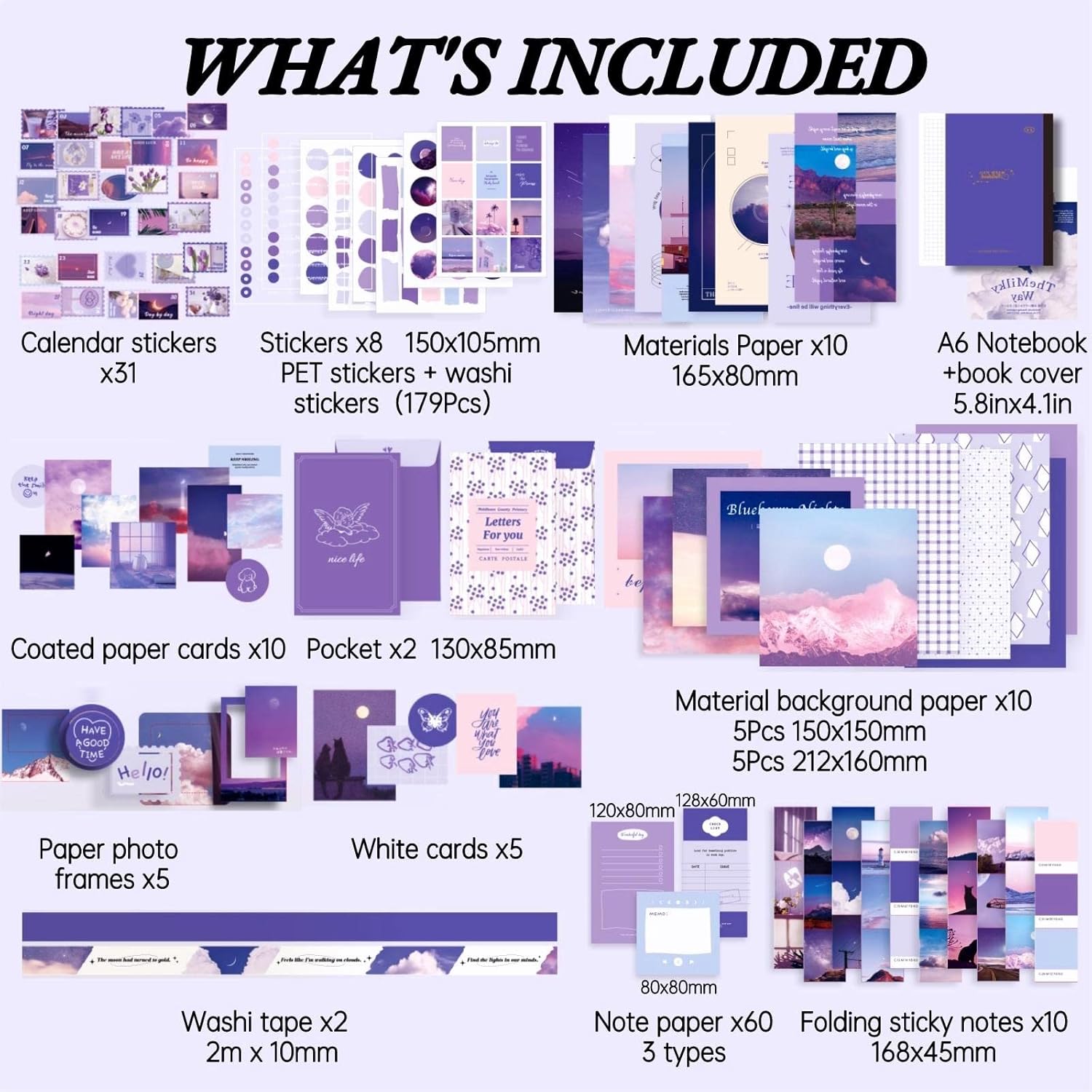 348 count Aesthetic Scrapbook Kit,Scrapbooking Supplies Kit, Junk Journal Supplies Kit with A6 Grid Notebook, Junk Journals Kit,DIY  Journaling Kit for Teen Girl Women(Moonlight)