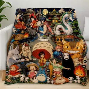 Studio Ghibli All-Characters Blanket, Vintage Watercolor Print, Starry Night Background, Soft & Cozy, Ideal for Miyazaki Fans, Baby blankets and adult blankets, Throw Blanket, Home Decor, Holiday & Birthday Gift, All Season Warm birthday gift