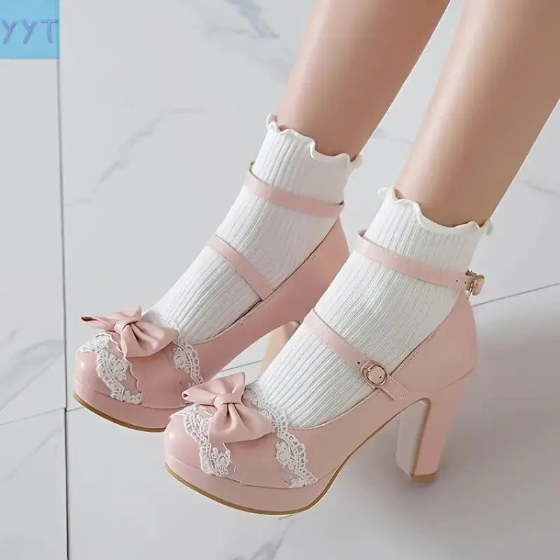 YYT1 Women's Kawaii Lolita Mary Pumps - Bow Tie Lace Trim, Pink Block Heel, Round Toe, Ankle Strap, Faux Upper, Rubber Sole, Dressy Wear for Parties & Work, Dance Sports Footwear,shoes for back to school,back to school shoes