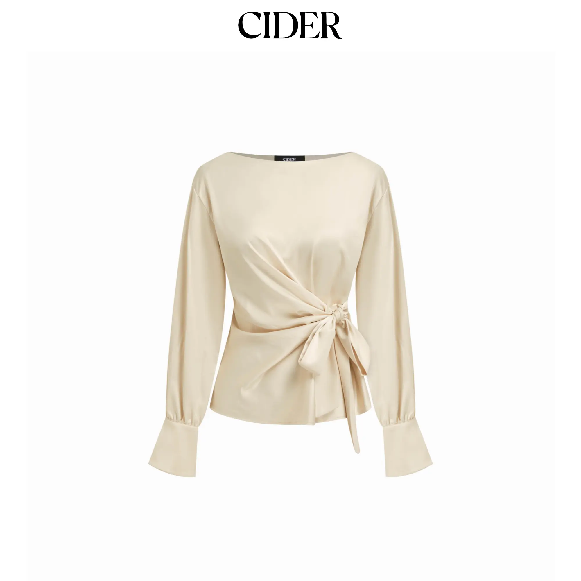 Cider Satin Boat Neck Twist Knotted Blouse