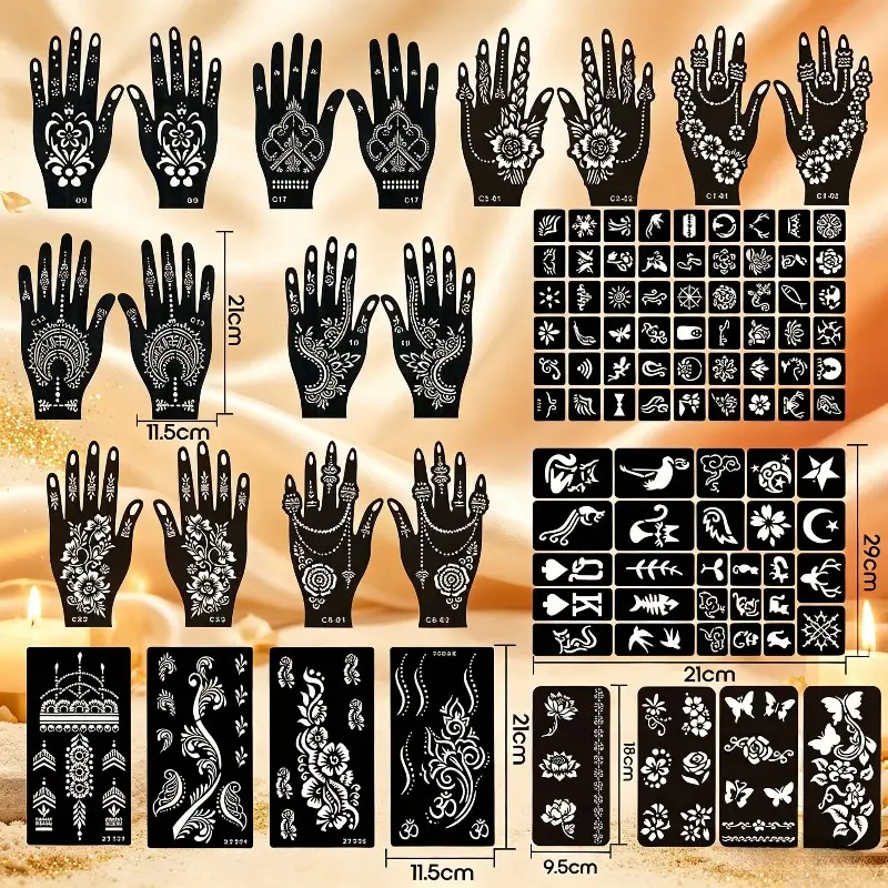 Large Size Hand Henna Stencil Kit, Reusable Self-Adhesive Mandala Floral Nail Tattoo Stickers, Body Painting Templates for Women, Body Art Tools for Parties & Festivals