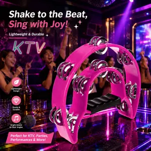 Half Moon Tambourine Handheld Percussion Instrument Double Row Metal Jingles Ergonomic Grip Music Rhythm Shaker for Party KTV Performance Stage Use Pink Color Portable Music Tool