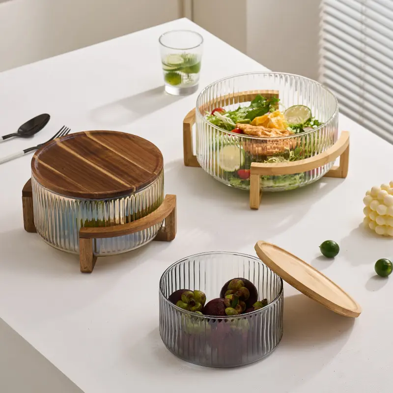 High-End Transparent Glass Serving Salad Bowl with Wooden Base, Durable Quality Glass and Rustic Style Stand, Perfect for Parties, Dishwasher Safe, Ideal for Kitchen Dining