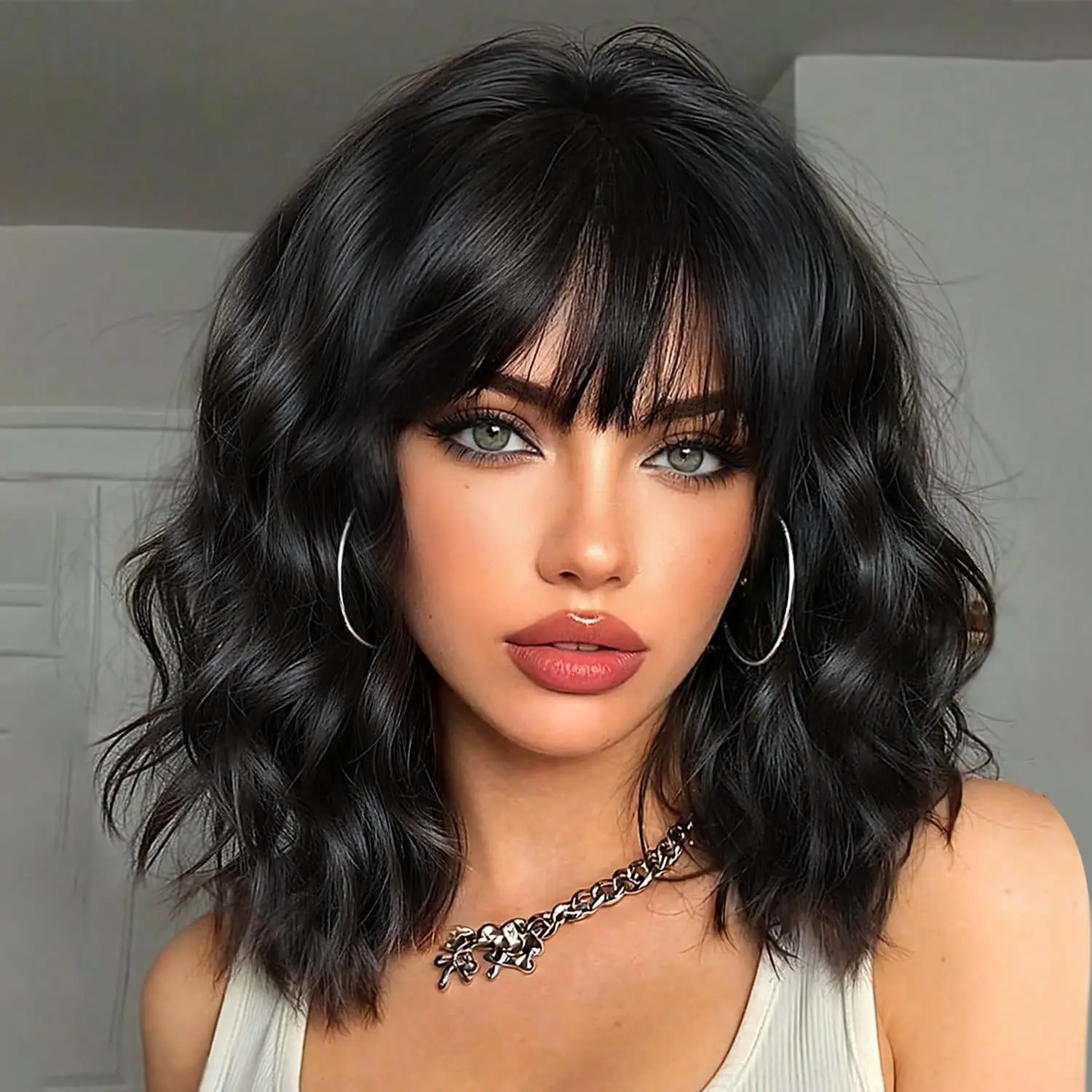 Female 14-in Short Black Wavy Bob Wig with Full Bangs, Heat-Resistant Synthetic Hair, Natural Bombshell Style, Wave with Bangs, for Daily Wear & Parties, Natural Looking Synthetic Full Machine Wigs