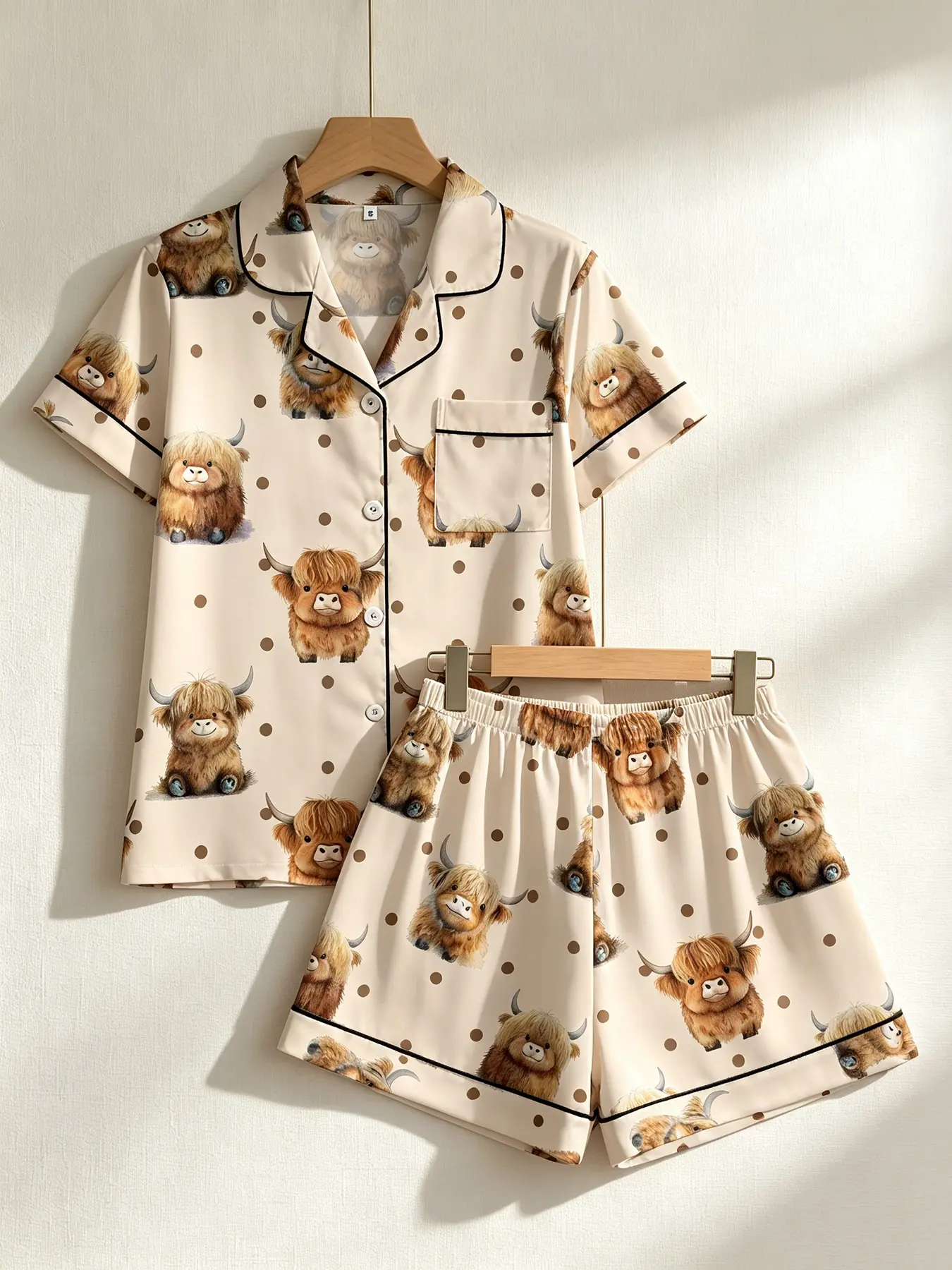 Women's Button-Down Short Sleeve Top & Shorts Casual Pajama Set Pyjamas, Beige Highland Cow Polka Dot Print, Black Piping, Spring Summer Wear, Loose Slim Fit, Playful Girly Cute Farm Animal Print Loungewear, Pajamas Set